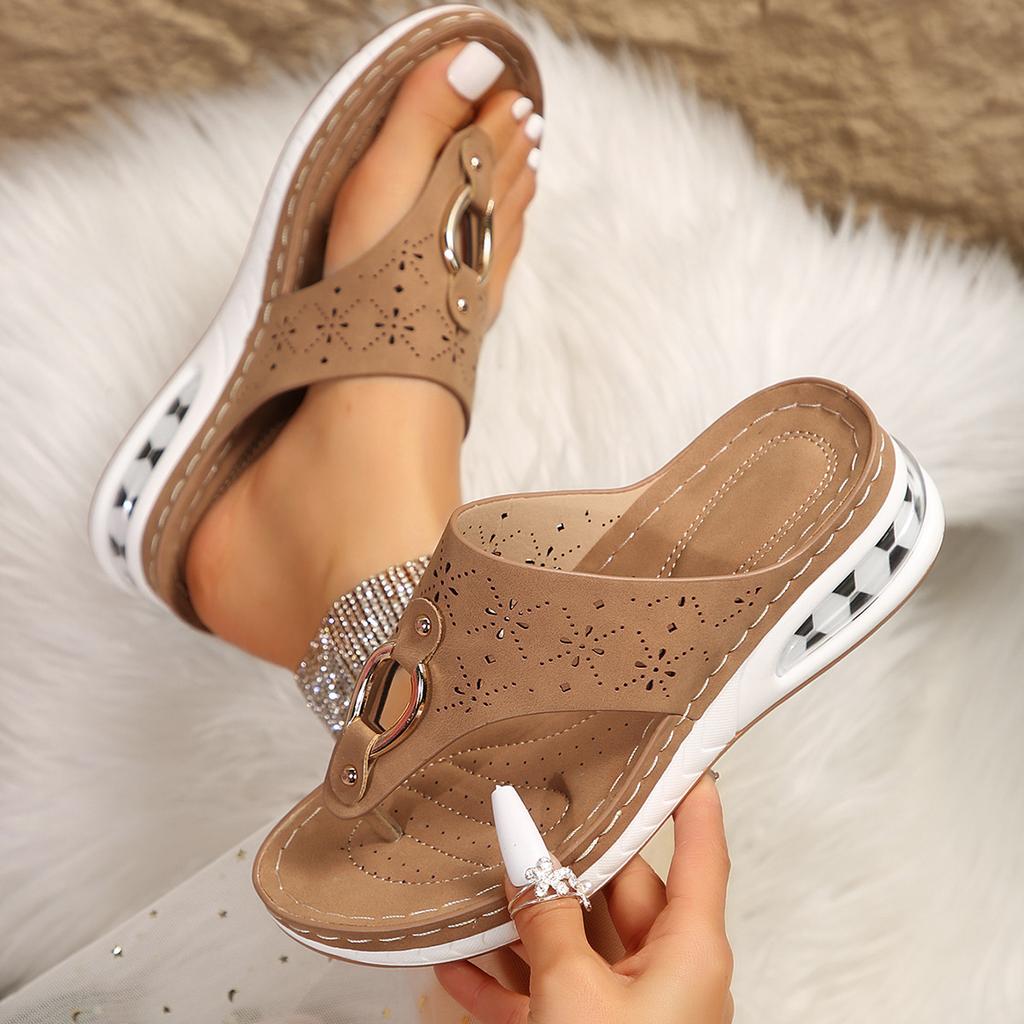 Spot Foreign Trade Large Size Toe Sandals Women 2025 New Round Head Hollow Metal Buckle Slope Heel Thick-bottomed Beach Slippers