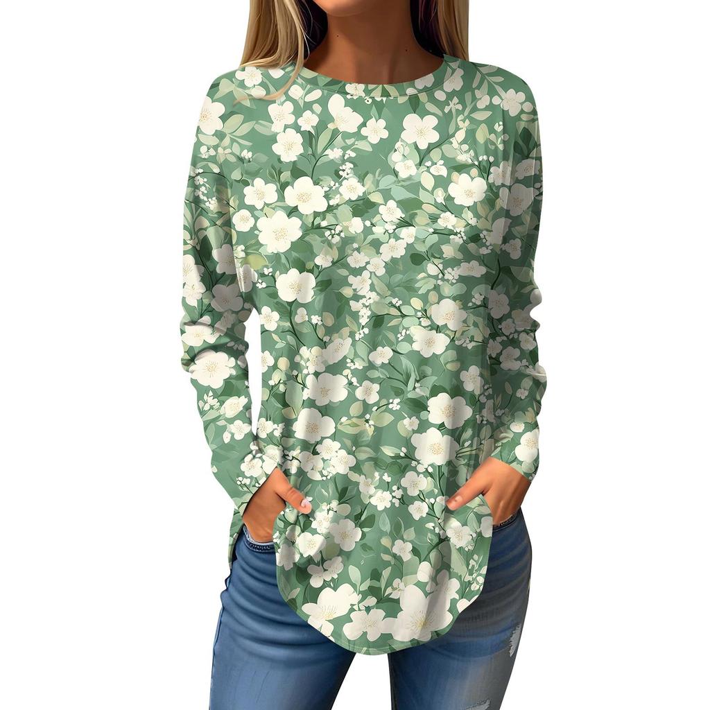 Women's Loose Round Neck Print Long Sleeve T-Shirt Top Pullover