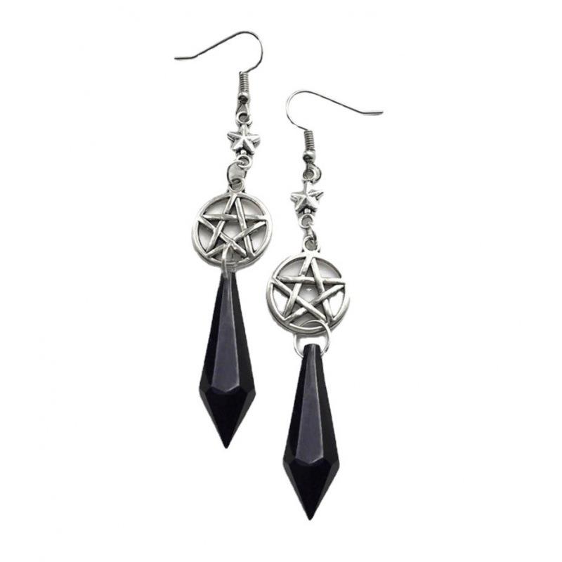 Gothic Black Teardrop Beaded Star Earrings