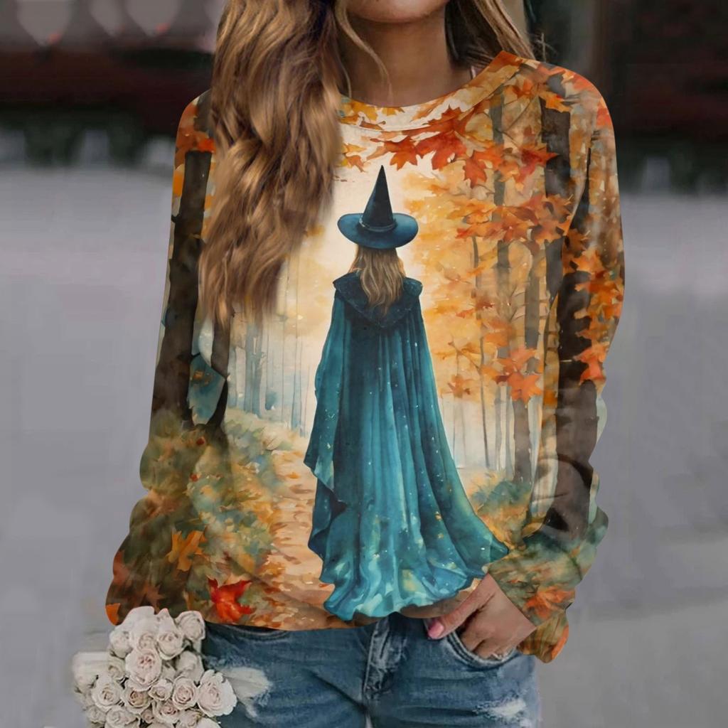 Women's Casual Long Sleeve Printed Raglan Sleeve Pullover Top for Halloween