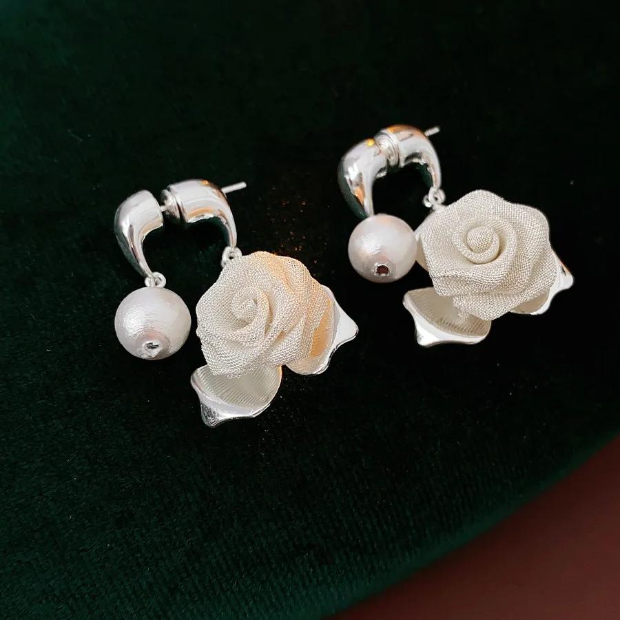 Mesh Flower Pearl Earring for Women High-end Two-wear Drop Earrings French Retro Exquisite Luxury Designer Zircon Gifts