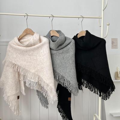 Wool Blended Large Fringed Shawl Knitted Triangle Scarf Versatile Solid Color Warm Cloak Neck Protection Scarf