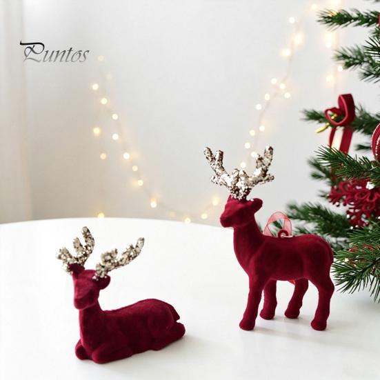 Indoor Christmas Party Supplies Flocking Elk Statue, Red Plush Reindeer Ornament, Cute Seated Window Hanging Display Standing Deer Sculpture for Wine