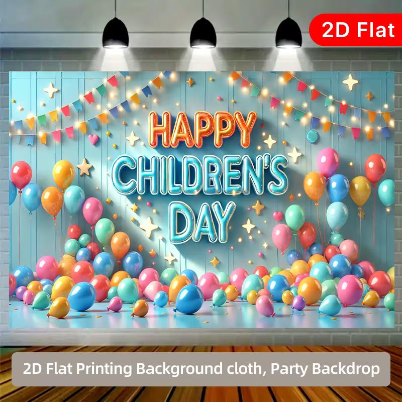 2D Kids' Day Photo Backdrop with Colorful Bunting Banner and Balloons