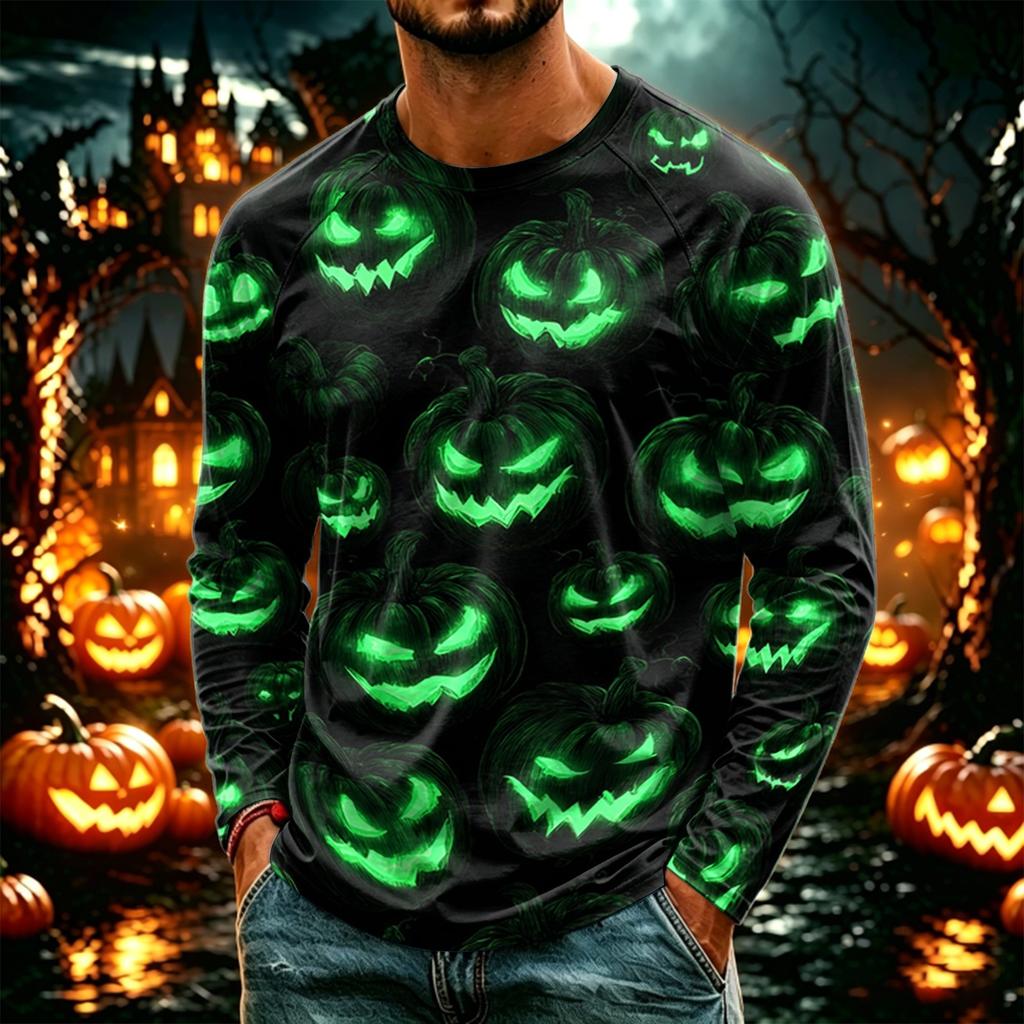 Men's Casual Halloween Print Neck Long Sleeve T-Shirt Lightweight for Daily Wear