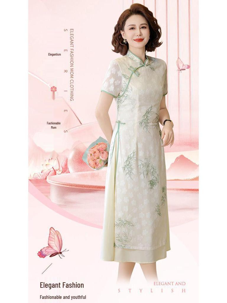 Mid-length Summer Printed Cheongsam for Middle-aged Women