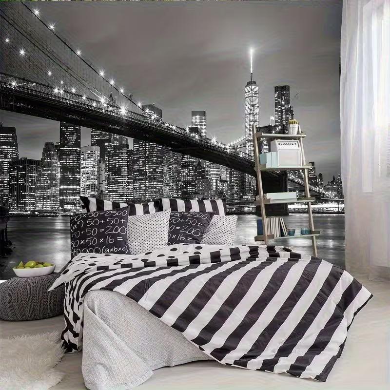 New York City Skyline Tapestry, Brooklyn Bridge Night View Backdrop for Living Room Decor