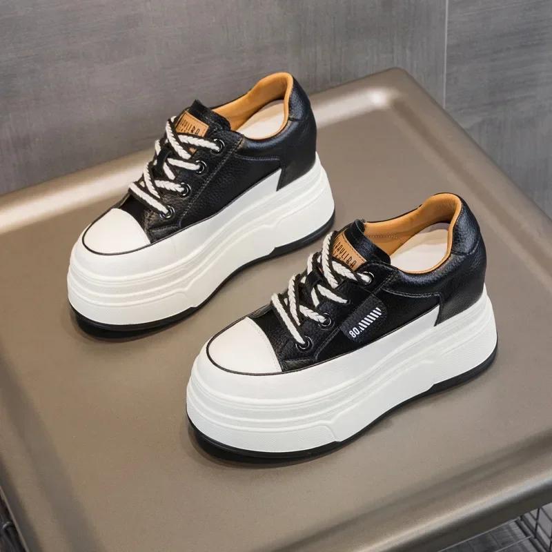 9cm Genuine Leather Platform Sneakers Wedge Shoes for Women Breathable Sneakers Autumn Casual Shoes Hidden Heel Zapatillas Mujer