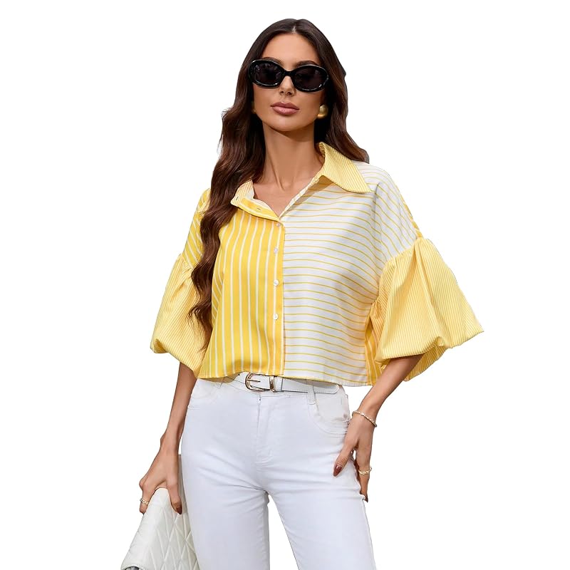 Shasmi Women' Random Striped Print Button Up Casual Shirt with Lapel Collar, Women' Fashion Striped Design Versatile
