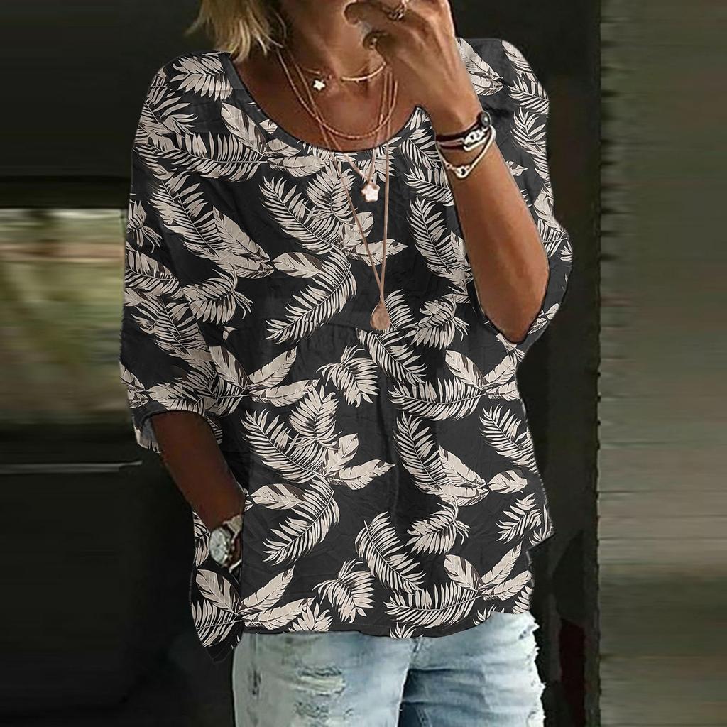 Camicie di Lino da Donna Manica 3/4 Bottoni Scollo O Top Estivi Eleganti Casual Carini