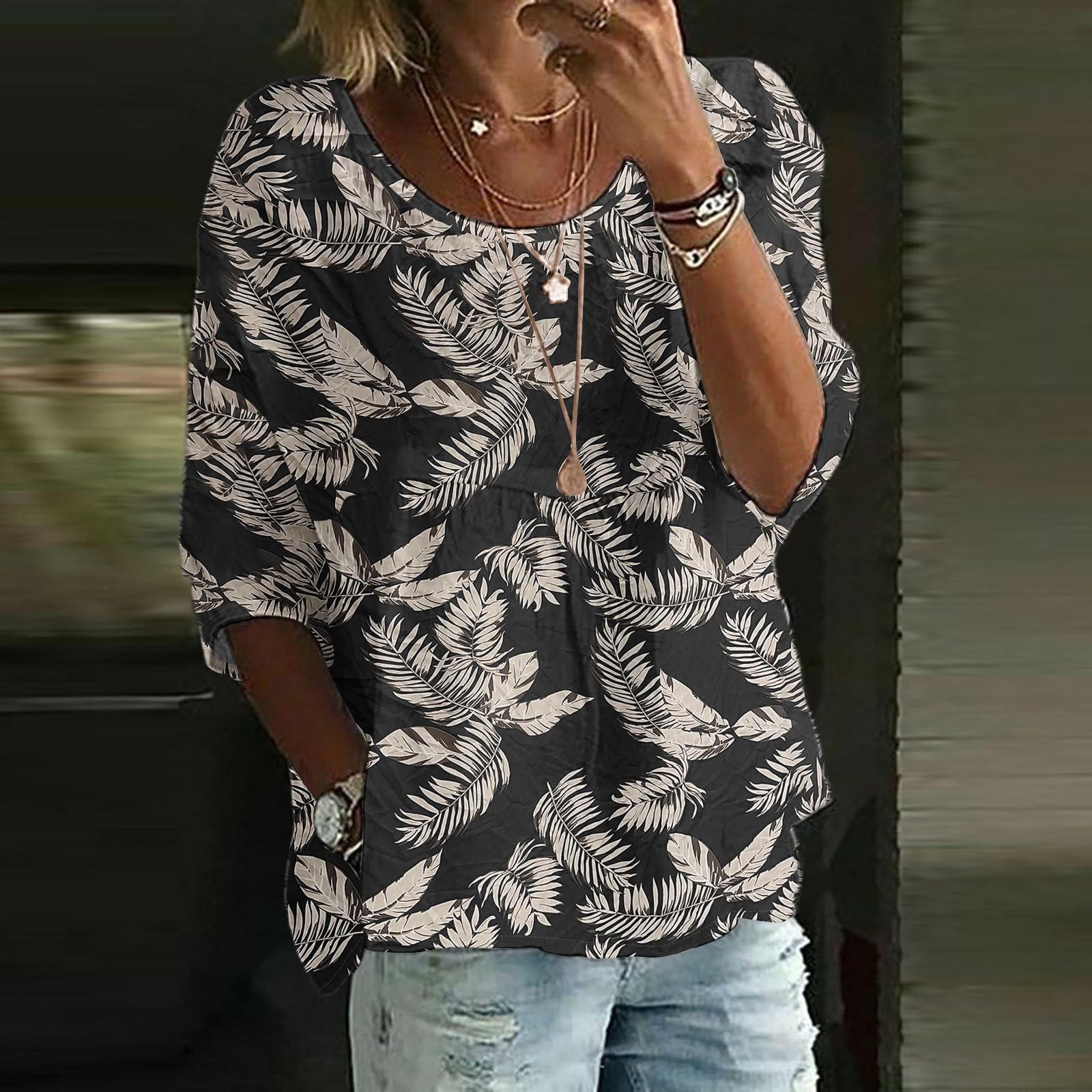 

Linen Shirts For Women 3/4 Sleeve Button Down O Neck Summer Tops Dressy Casual Cute Shirts L чорний