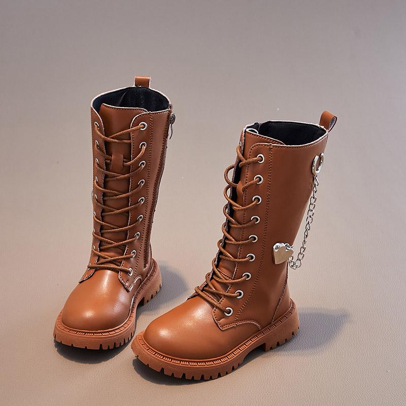 Girls Boots Winter New Korean Style Britain Style Children Fashion Versatile Soft Princess Shoes High Boots Chains Love PU