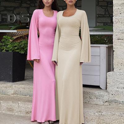 Damenkleid mit U-Ausschnitt, langen Ärmeln, A-Linie, schmale Passform, eng anliegend, elastisch, lange Hornärmel, Rückengurt, Schnürung, knöchellang, einfarbig, Maxikleid