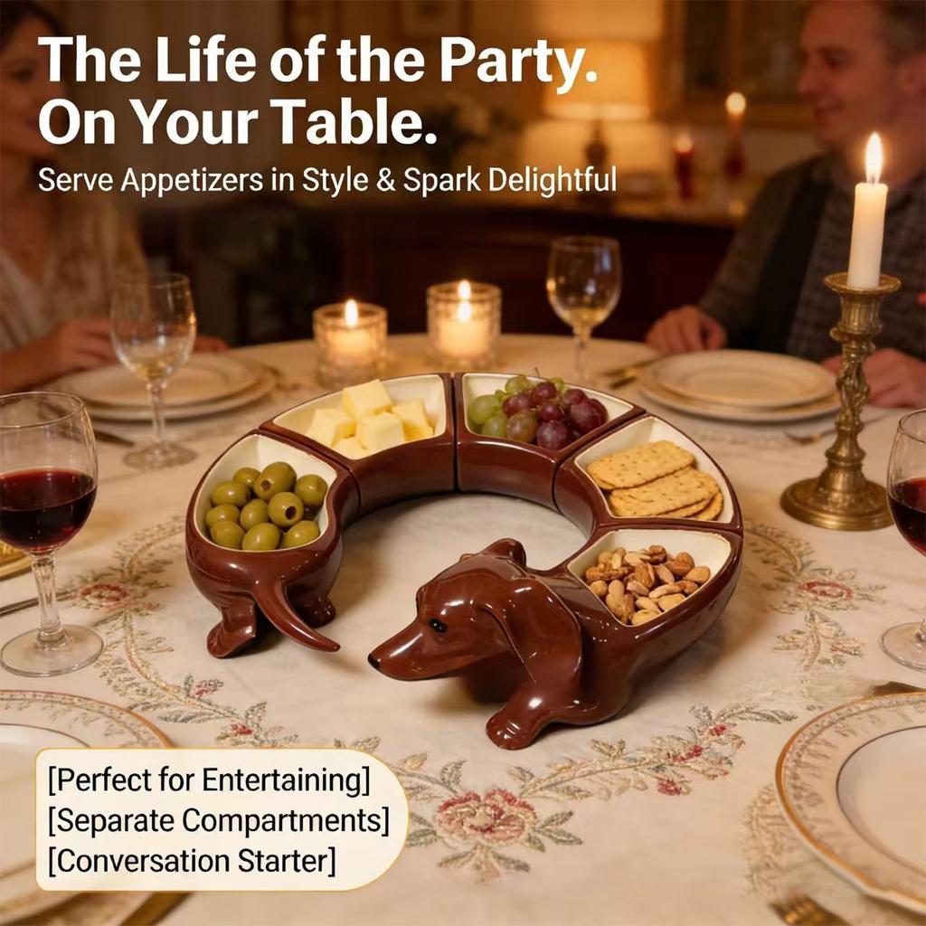 Ceramic Dachshund Shaped Snack Serving Dish Set Sectioned Appetizer Tray for Party Entertaining and Home Use