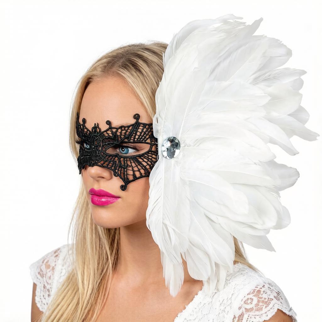 Feather Side Headpiece with Lace Eye Mask for Carnival Parade Masquerade Ball Mardi Gras Party Samba Dance Costume Outfit