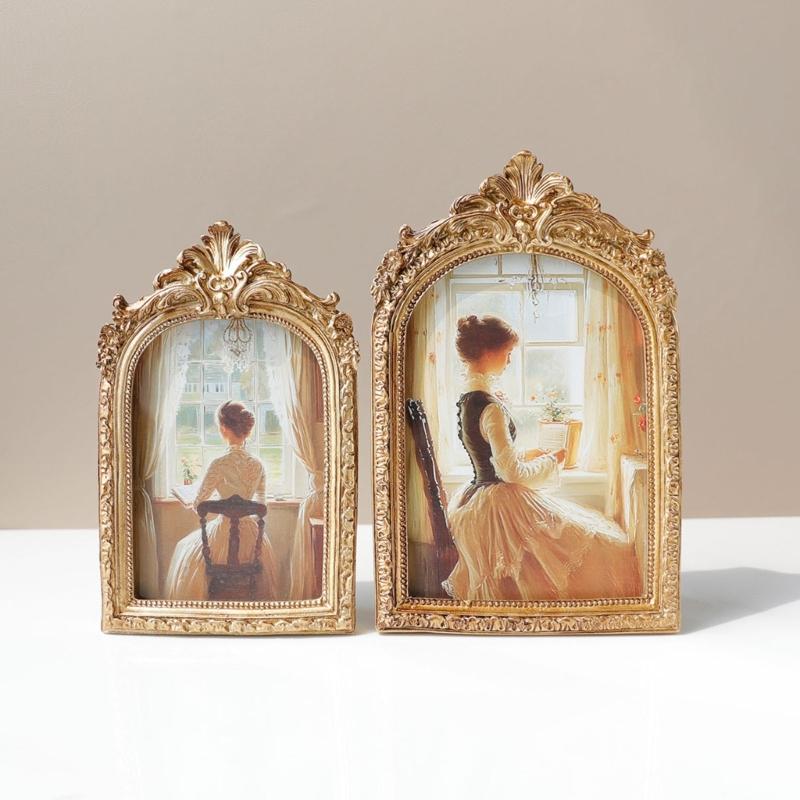 Handcrafted Antique Gold Carving Arch Picture Frame With Hanging Hook And Stand For Wall Or Tabletop Decoration Display