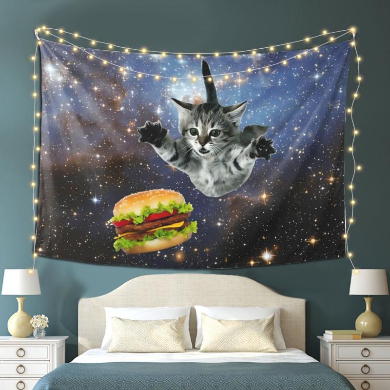 Universe Burger Cat Funny Tapestry Internet Celebrity Fun Trendy Cool Personalized Wall Room Decoration