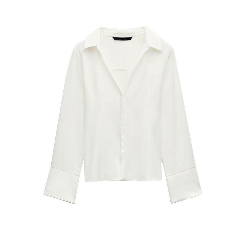 

Spring New Women s Clothing Minimalist Easiest for Match Invisible Snap Button Silm Lapel Long Sleeve Shirt 8862319 raw white L