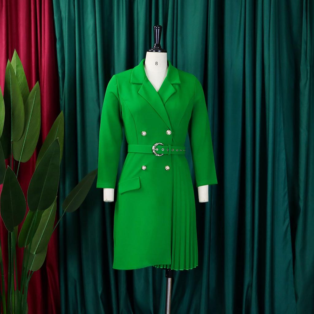 Gekerbter Kragen Elegante Kleider Damen Frühling Herbst Langarm Übergröße Plissiertes Kleid 2026 Neu