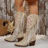 Women's autumn and winter western long boots, fringed solid color pointed-toe chunk-heeled high-heeled fashion boots long boots