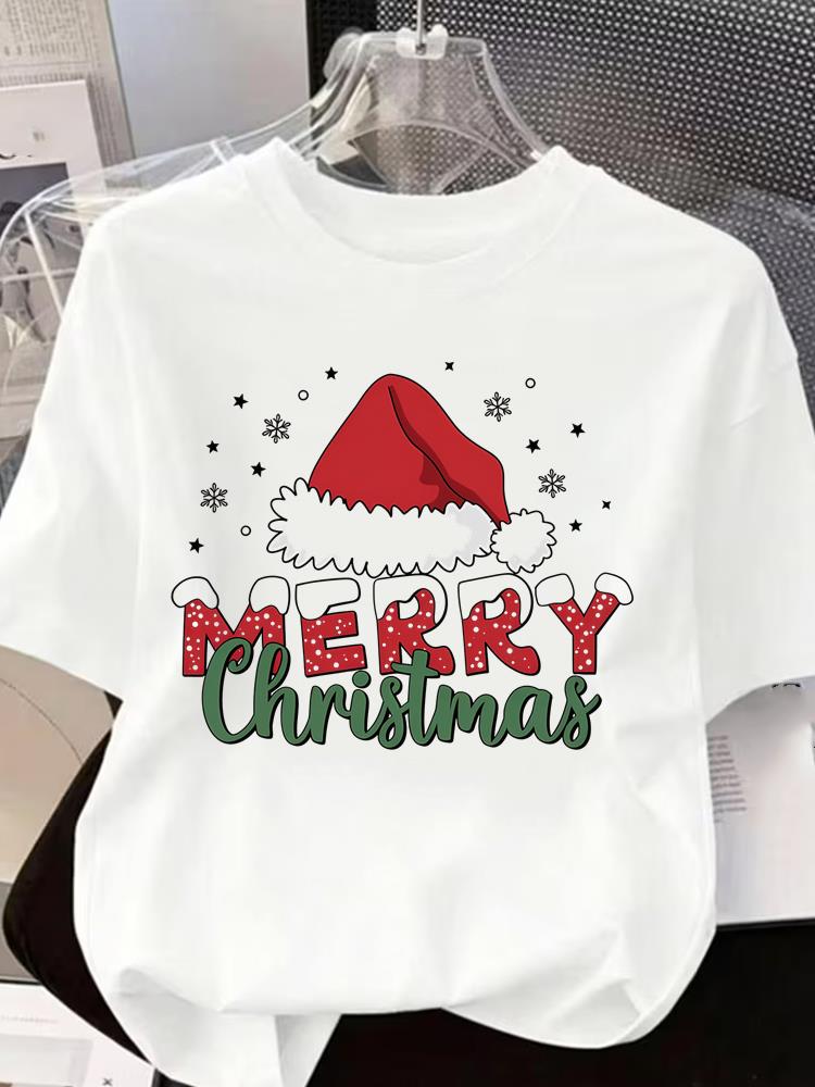(Asian Size) cartoon Short Sleeve T-shirts Women's Top O-neck T Shirt Print Merry Christmas Fashion Casual New Year Clothing Graphic Tee