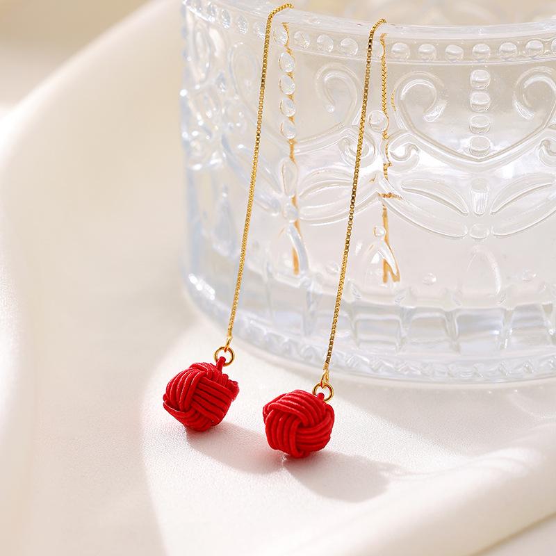 Banyan Tree S925 Silver Heart Knot Festive Long Red New Year Earrings for Women