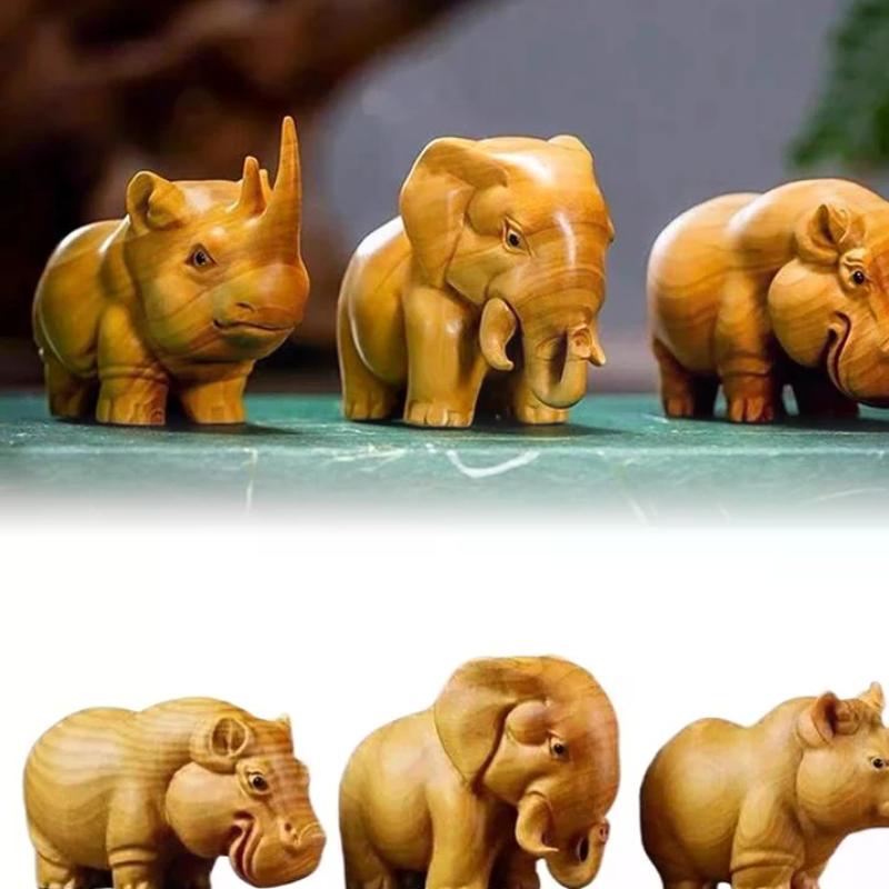 1Pcs Manual Wood Carving Wooden Product Rhino Hippo Elephant Figurine Car Ornaments Statue Desk Sculpture Room Home Decoration