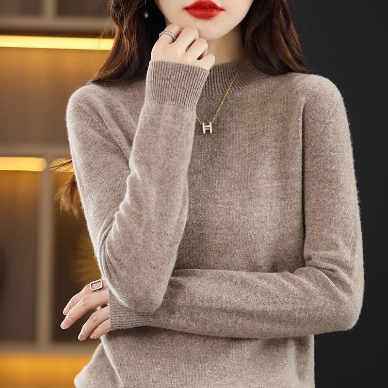 Women's Slim-Fit High Neck Wool Sweater - Autumn/Winter 2023 Collection, Solid Color, Base Layer