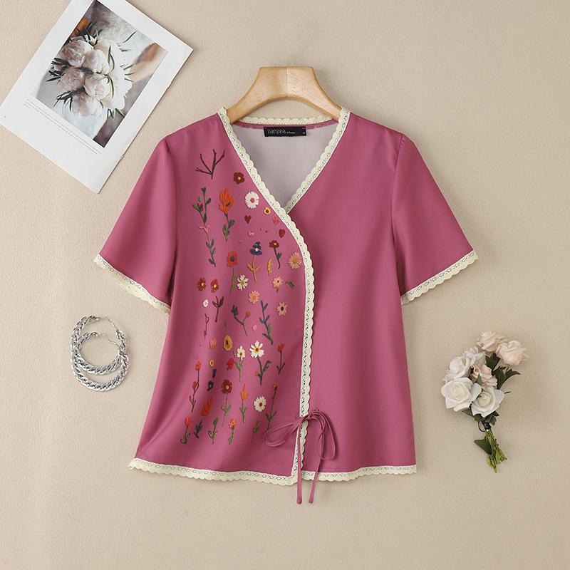 ZANZEA Women Casual V-Neck Short Sleeve Floral Print Blouse
