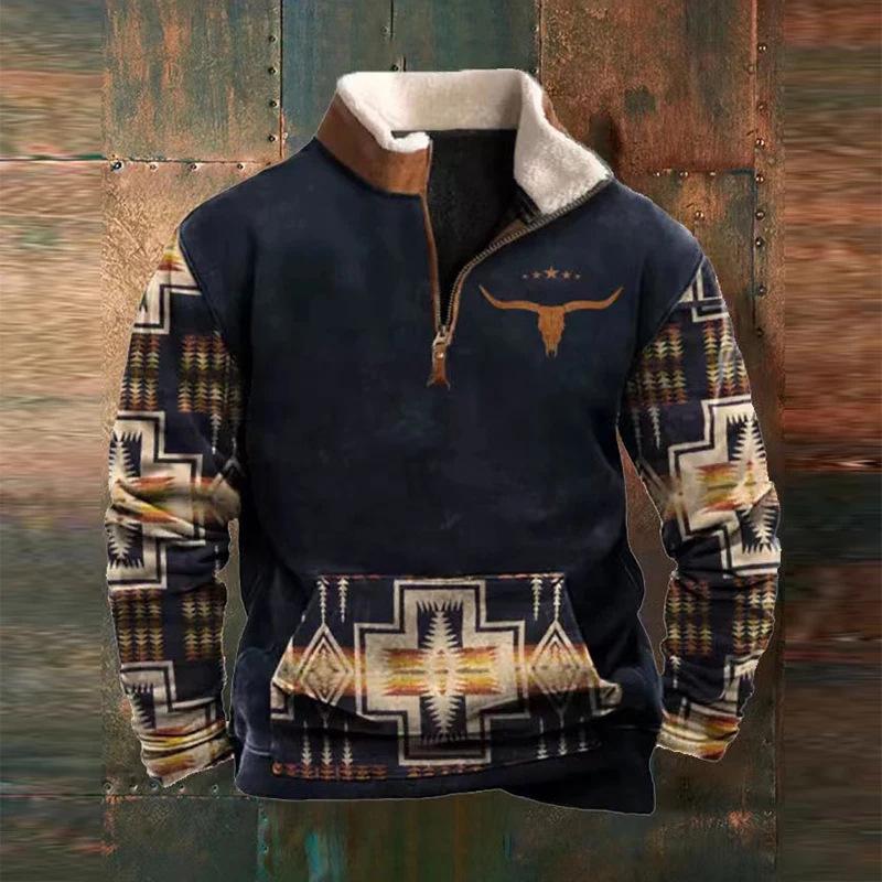 2025 Retro 3D Print Stand Collar Velvet Men's Hoodie for Autumn/Winter