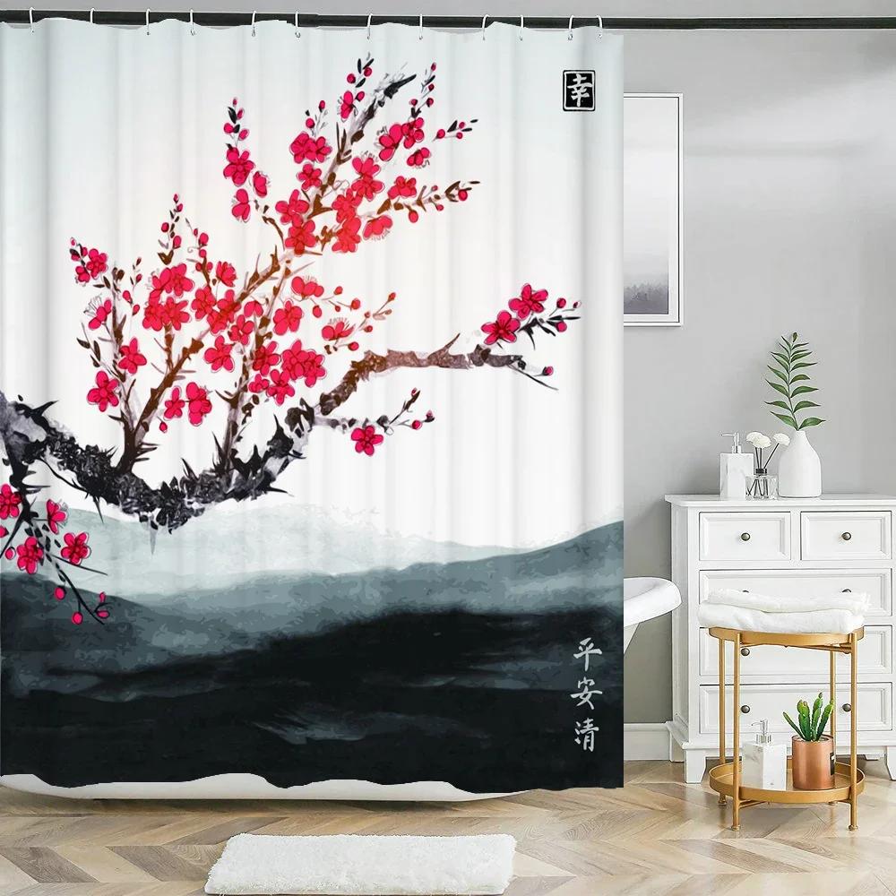 Elegant Chinese Landscape Print Waterproof Shower Curtain - Stylish,Durable &Easy-Care Choice for Multiple Bathroom Décor Themes