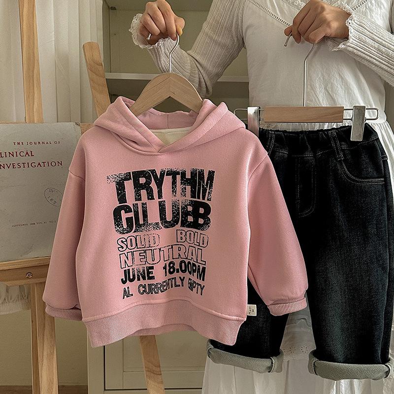 Boys' Pink Letter Hoodie - 2025 Winter Korean Style Trendy Velvet Sweatshirt for Kids