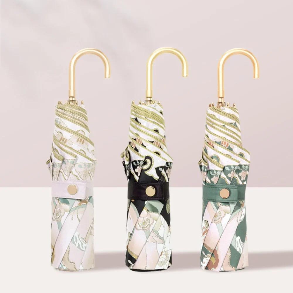 Folding Umbrella Urved Handle Gold Hook Umbrella Vintage Sun Umbrella Protection Anti-Uv Umbrell Rain Dual-Purpose Umbrella