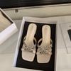 Fashion Hot Selling 2025 Summer Wear Rhinestone Crossover with Open Toe Square Toe Slippers for Women Small Block Heel Low Heel Slippers