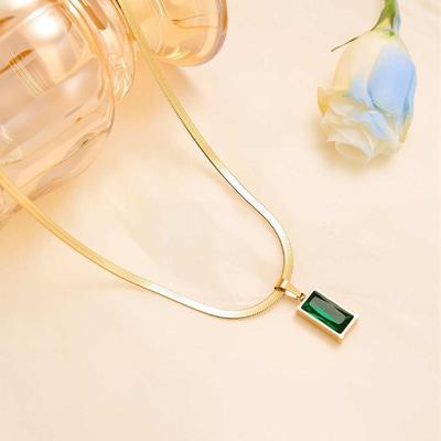 1Set Stainless Steel Rectangle Green  Zircon Pendant Necklace Earrings For Women  Party Jewelry Set