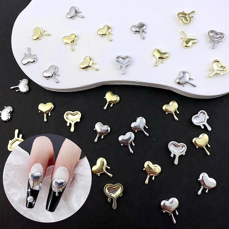 10Pcs/Bag Alloy Lava Love Nail Art Jewelry Gold Silver 3D Diy Nails Accessories Professional Supplies Metallic Heart Decorations