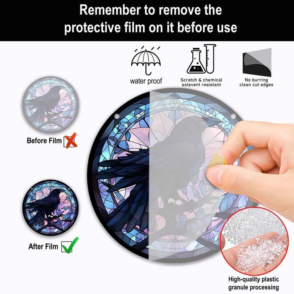 Raven Stained Glass Suncatcher Window Hanging Decoration Halloween Gothic Crow Glass Ornament for Window Home Kitchen