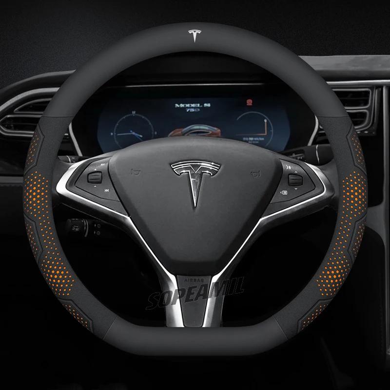 TDMC1 For Tesla Roadster Model 3 Model Y Model S Model X Car Leather Carbon Fiber Anti-Slip Protector Steering Wheel Cover Accessories