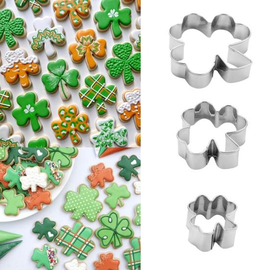 3 Stück/Set St. Patrick Day Kuchenform Edelstahl 430 Antihaft Klee-Thema Fondant-Ausstecher Bastelton Modellierwerkzeug Ausstechformen