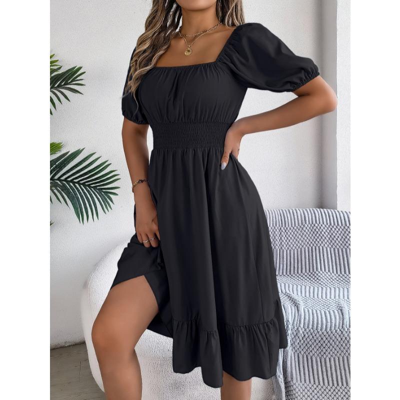 Summer Short Sleeve Square Collar Women Dress New Fashion Elegant Loose Casual Casual A-line Party Dresses Pleated Female Office Ruffled Clothing