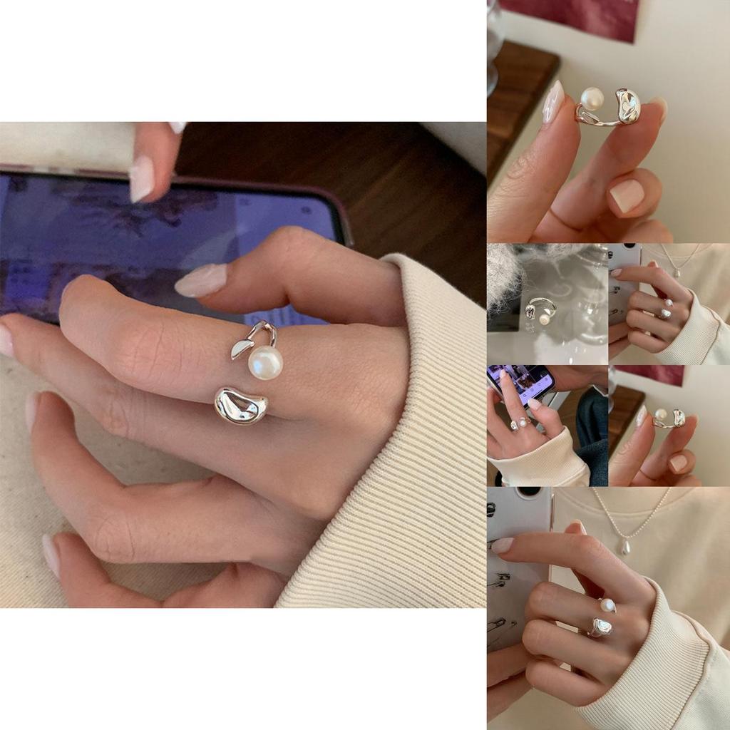 Chic Minimalist Geometric Open Ring For Women Stylish Pearl Accent Adjustable Size