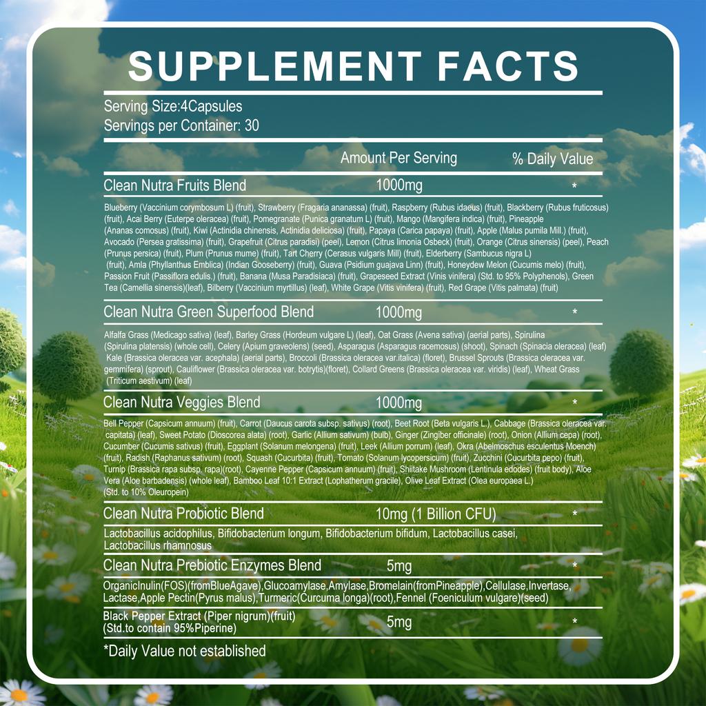 Natural fruit and vegetable blend capsules; supports gut health, aids digestion, boosts immunity; suitable for adults.