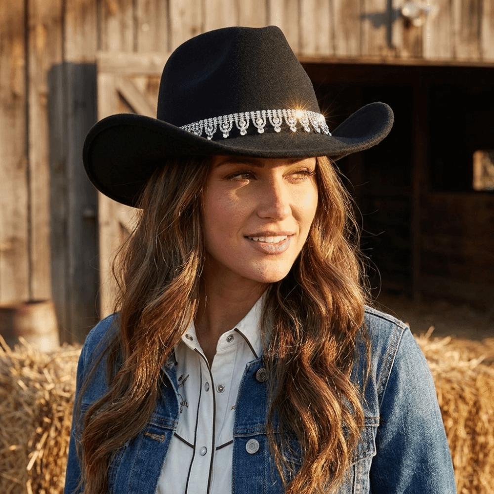 Funkelnder Filz-Fedora-Hut mit Strasssteinen Zylinder Klassischer Western-Cowboyhut Für Outdoor-Reiten
