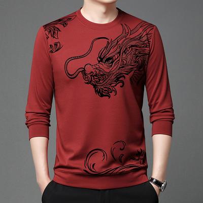 Primavera Nuovo Longnian Nuova Felpa Girocollo Moda Casual Floccata T-shirt a Maniche Lunghe da Uomo