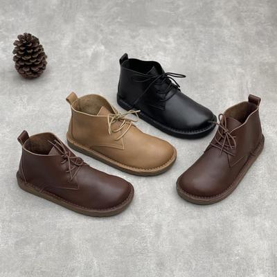 Handmade Genuine Leather Ankle Boots Casual Soft Cowhide Round Toe Lace Up Flat Women's Shoes