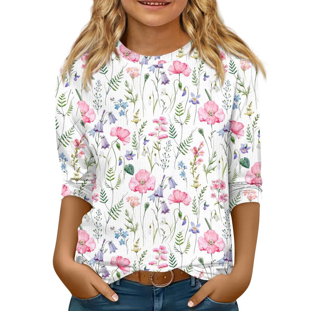 Children's 3/4 Sleeve Tops Knit Casual Print T Shirt Round Neck Pullover Blouse