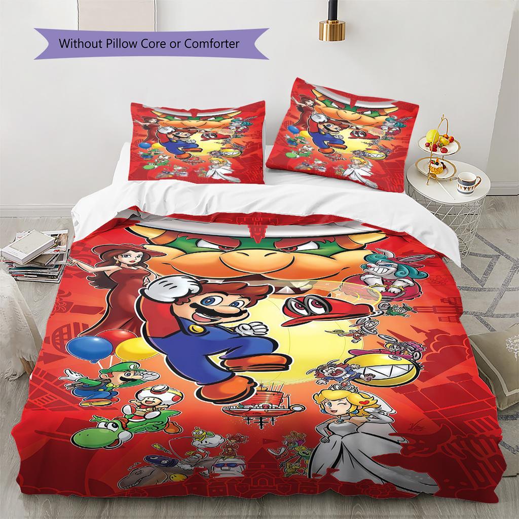 3PCS Super Mario Bed Set Skin-friendly Microfiber Duvet Cover & Pillowcases Cute Cartoon Kids Bedroom Bedding