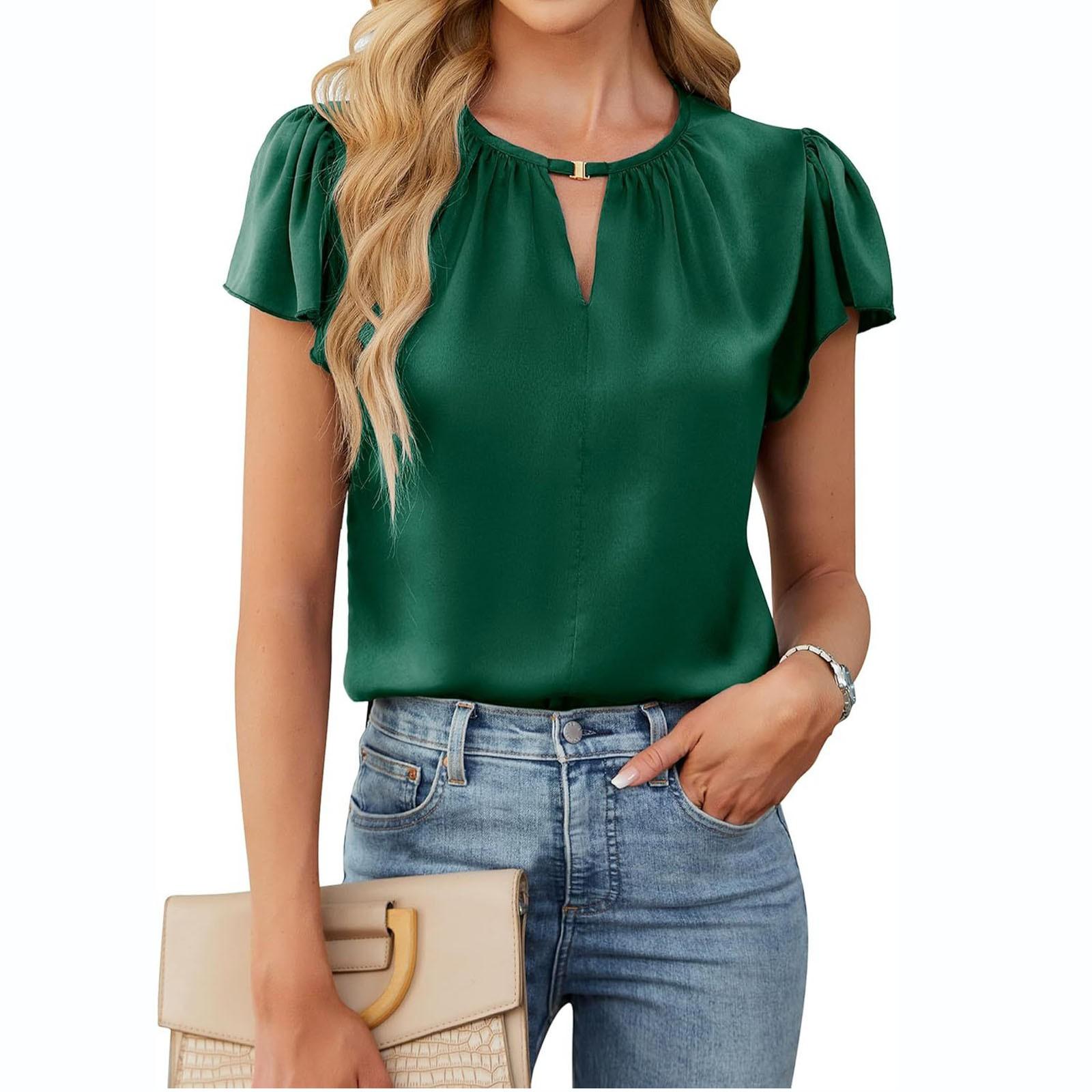 

Женская летняя мода повседневная атласная футболка с коротким рукавом и V-образным вырезом на пуговицах L