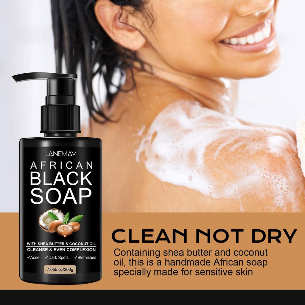 African Black Soap Liquid Clearing Body Wash - Deep Cleansing of Skin Impurities and Contaminants-Evenly Brighten Skin Tone,200g