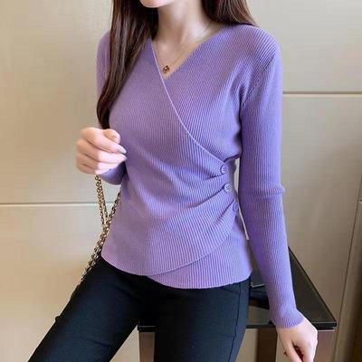 Korean Slim-Fit V-Neck Knit Sweater for Spring & Autumn - Women's Long-Sleeve Top